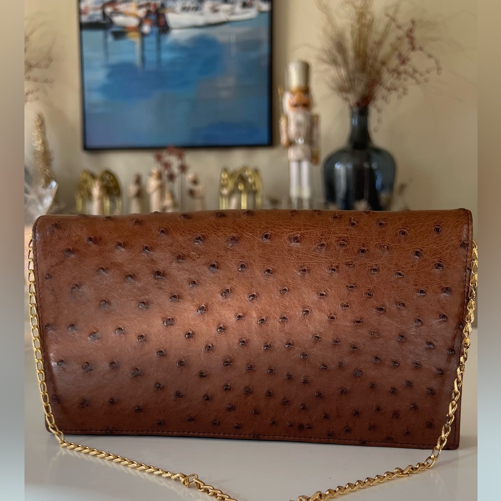 Vintage Ostrich Clutch with gold chain